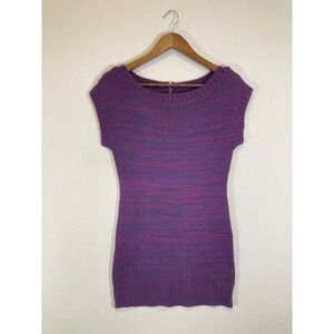 Boho It's Our Time Womens XS Purple Space Dye Cap Sleeve Back Zip Tunic Sweater